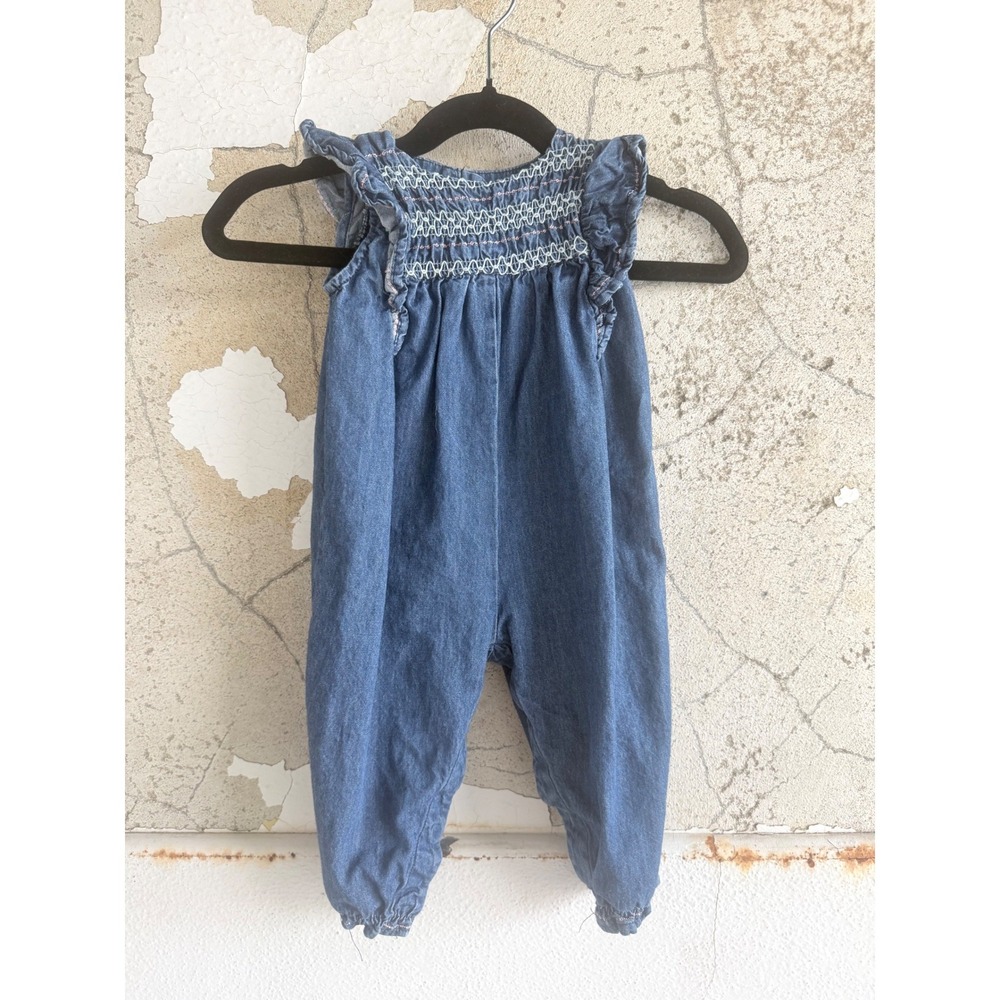 Baby Romper Smocked Denim Jumpsuit‎ Flutter Sleeve Floral Embroidered 3-6 Months
